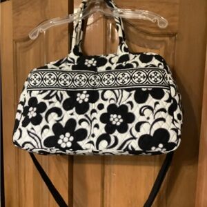 Black and White Floral Shoulder Bag with Structured Design